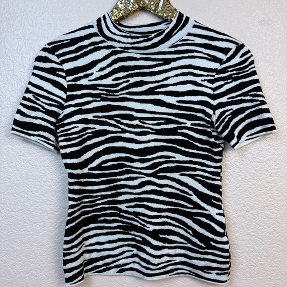 Theory • Women's Zebra Knit Mock Neck Sweater Tee - Picture 1 of 12